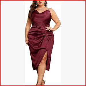 Plus Size Satin Midi Dress Ruched Cowl Neck Spaghetti Strap Cocktail Party